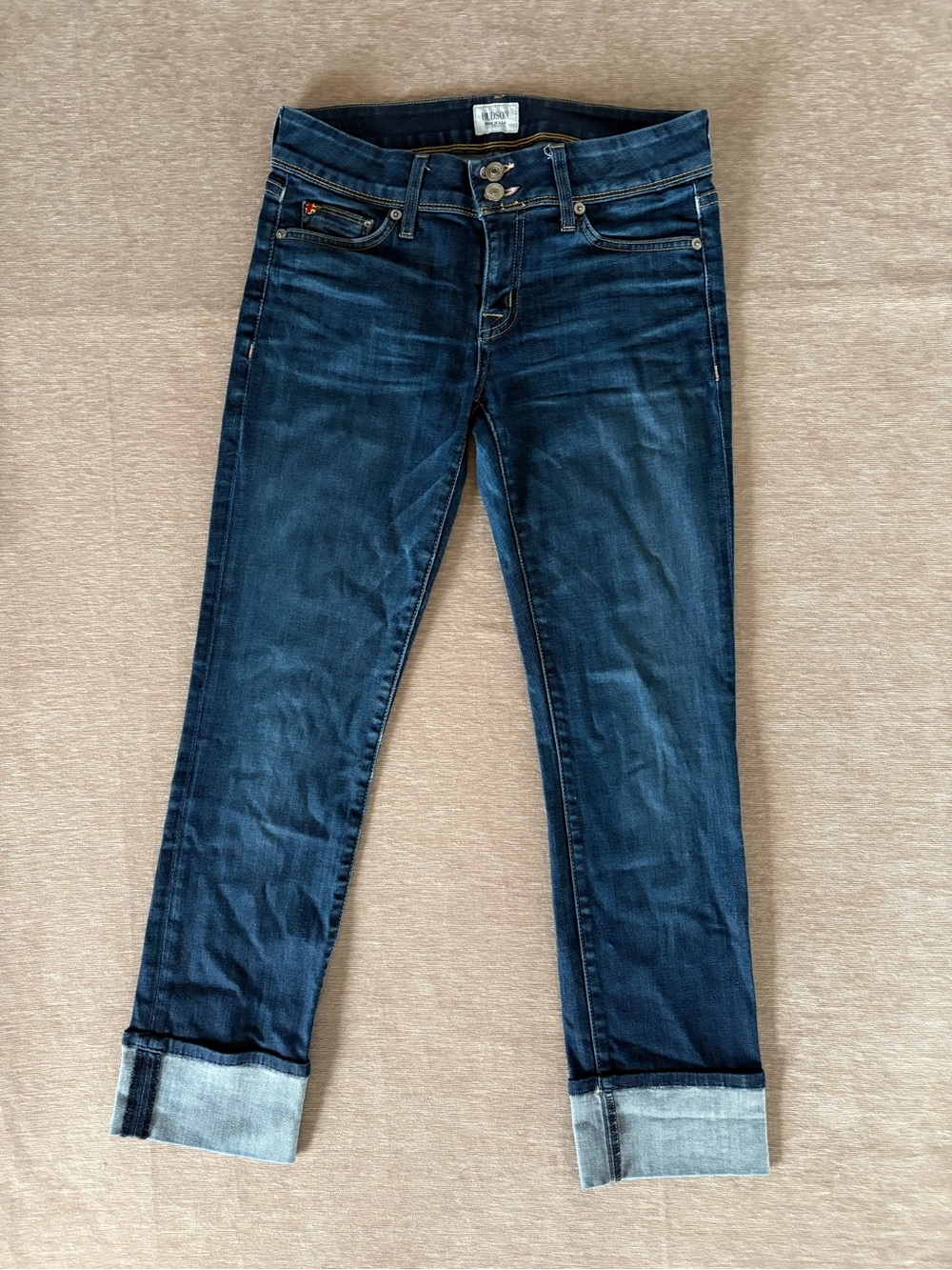 Hudson Denim Jeans Dark Blue Cuffed Crop Straight Ankle Jeans Ginny